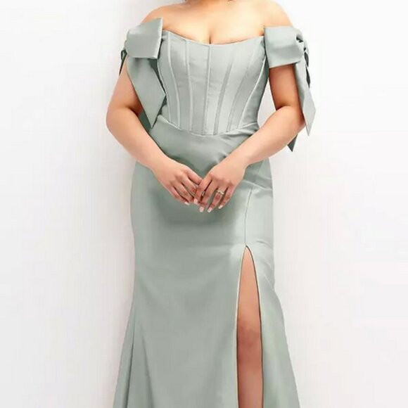 Alfred Sung Sage Green Off the Shoulder Bow Satin Gown D854 - Picture 1 of 6